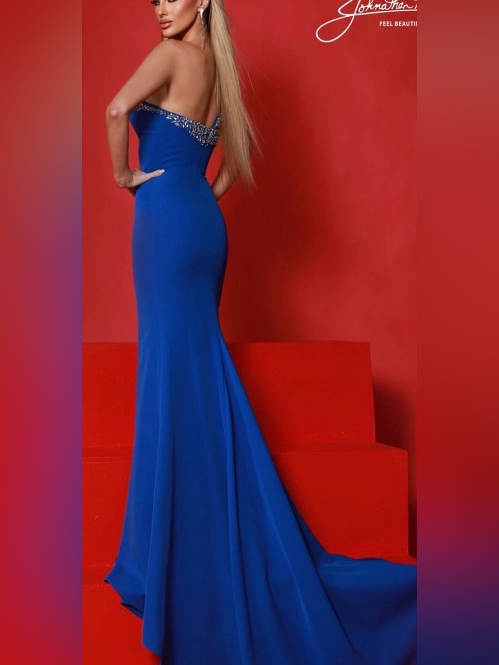 Embellished Strapless Royal Blue Prom Gown - Picture 2 of 4